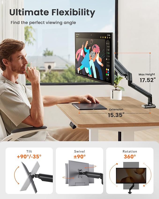 ErGear Single Monitor Arm for 13-36 inch Screens, Adjustable Gas Spring Monitor - Image 3