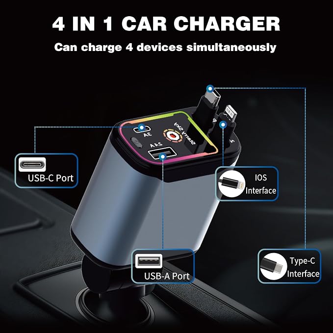 Starlight Retractable Car Charger, 66W Fast Car Chargers Adapter 4 in 1 - Image 4