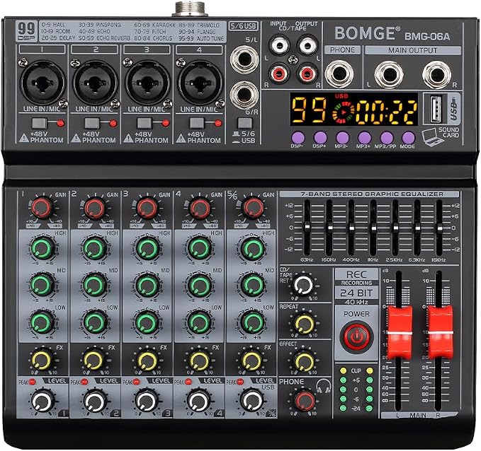 BOMGE 06A Professional 6 Channel DJ Audio Mixer, DJ Controller Sound Mixer by BOMGEMusicStudio