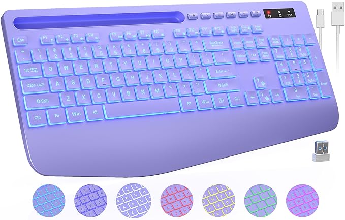 Wireless Keyboard with 7 Colored Backlits, Wrist Rest, Phone Holder, by Trueque