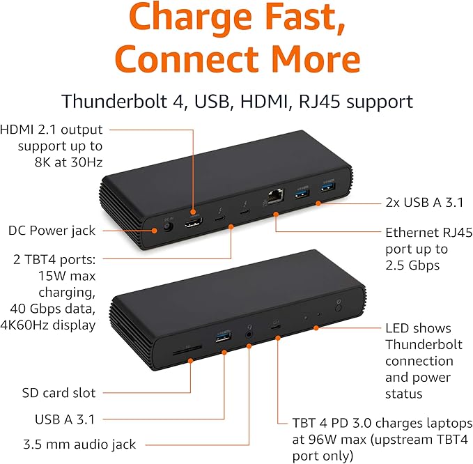 Amazon Basics Thunderbolt4/USB4 Pro Docking Station, 3xUSB A 3.1, Dual Display - Image 2