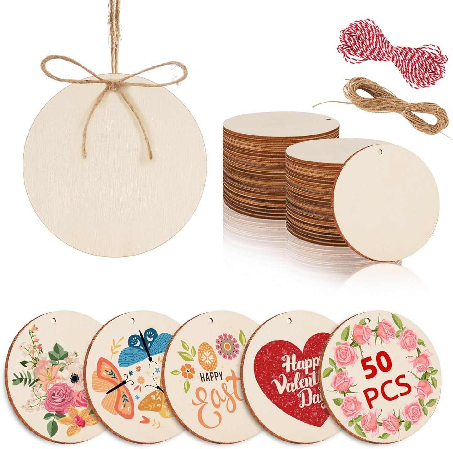 Philorn 50pcs Wooden Ornaments for Crafts 3.5" Unfinished DIY Wooden Christmas Ornaments, Predrilled Wood Slices Circles for Crafts Paint Holiday Hanging Decorations (50pc Rounds)