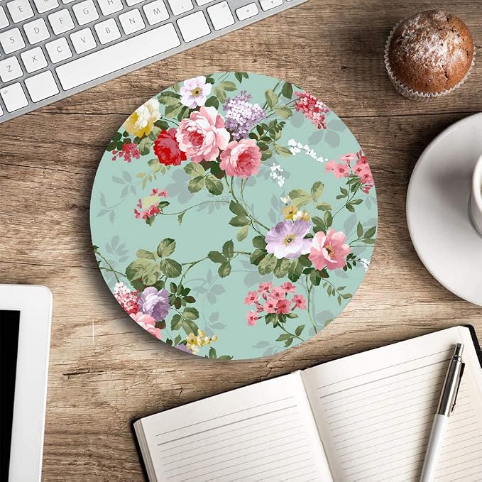 Mouse Pad, Mint Floral Teal Mouse Pad, Washable Round Mousepad - Image 5