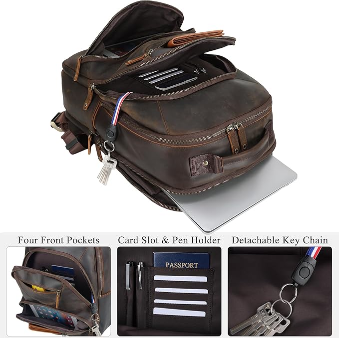 TIDING Men's Full Grain Leather Backpack Fits 16" Laptop, Vintage Business - Image 3