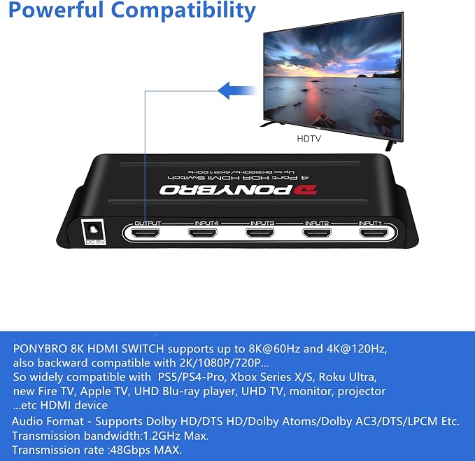 HDMI Switch 8K 4 Port – HDMI 2.1 48Gbps Auto-Switching, 8K@60Hz/4K@120Hz - Image 5