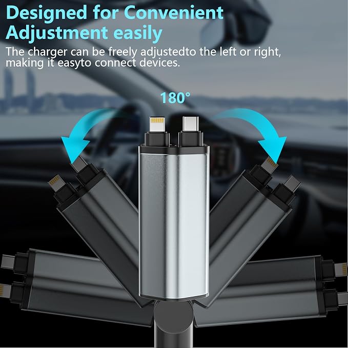 Retractable Car Charger, 120W 2.7Ft Retractable Cables and 4 Electronic Ports - Image 3