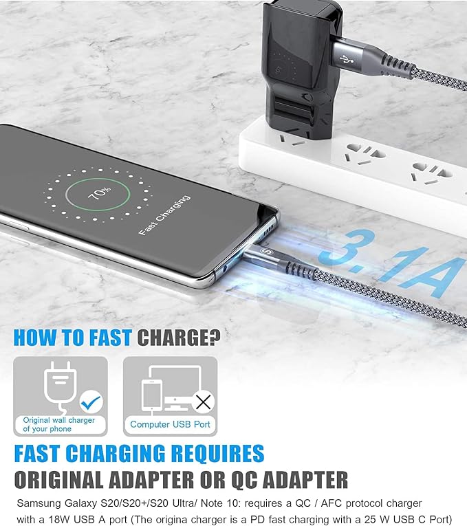 USB Type C Cable 3.1A Fast Charging, Sweguard USB-A to USB-C Charger Nylon - Image 3