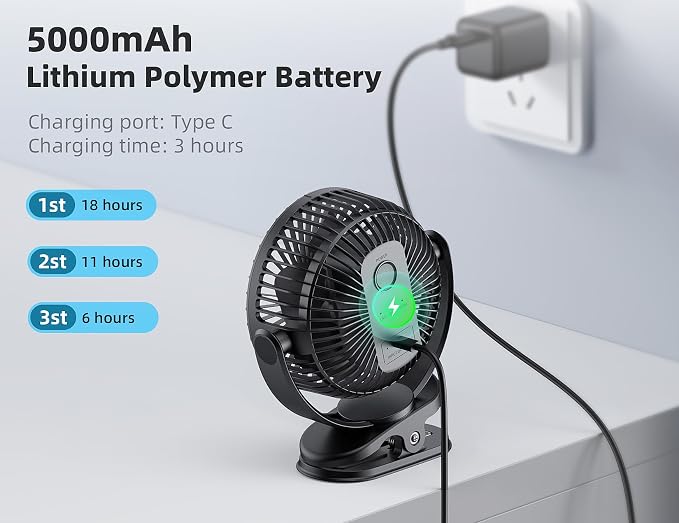 USB Personal Clip on Fan 5000mAh Battery Operated 6in, Type C, 3 Speed - Image 3