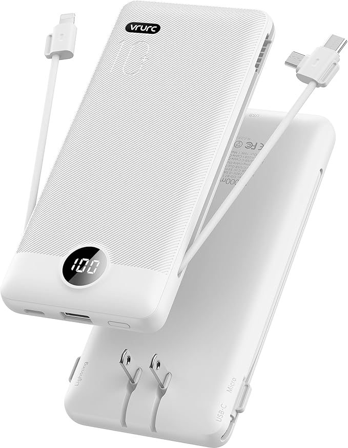 VRURC Portable Charger, Power Bank Built-in Cables and AC Wall Plug, USB C by Home