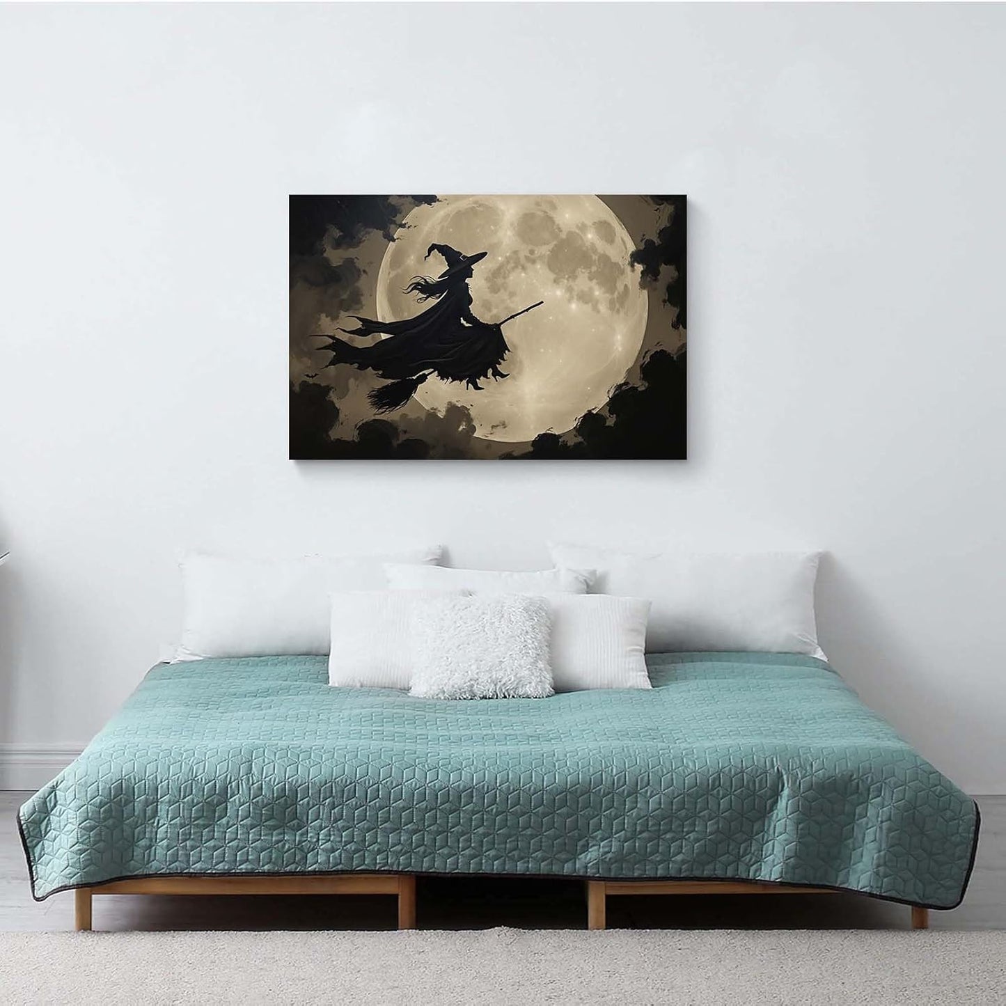 JFHCQJPK Full moon witch silhouette poster witch on magic broom Halloween mural poster decorative mural art suitable for home living room bedroom24x36in Frameless
