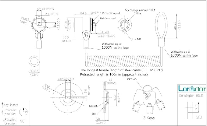 Keyed Alike 5Pack Security Hardware Cable Lock Kit, Retractable Cable Lock - Image 2