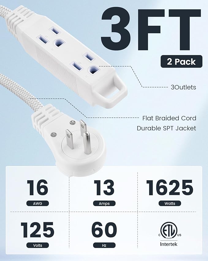 SURAIELEC Flat Extension Cord 3FT, 360° Rotating Flat Plug Extension Cord - Image 2