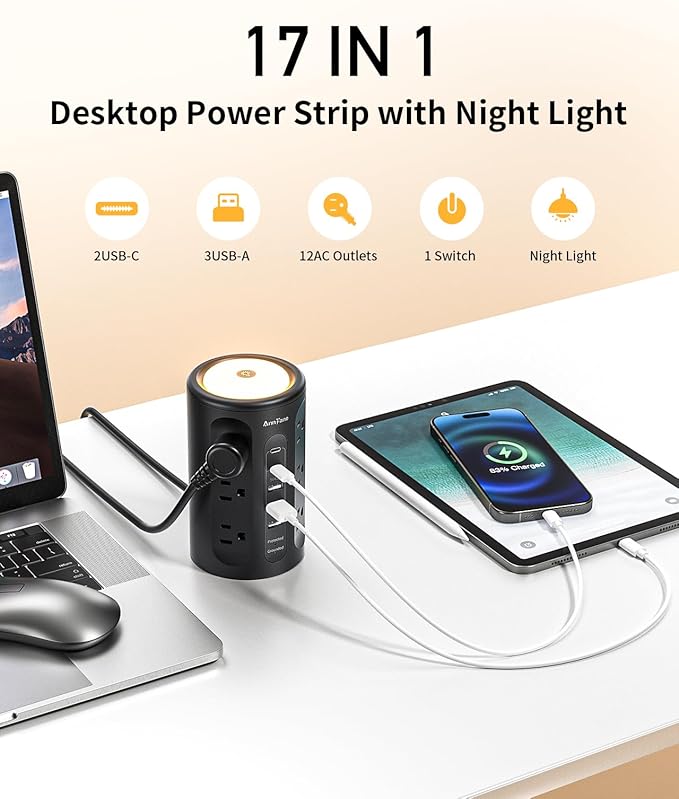 Power Strip Tower with Night Light, Power Strip Surge Protector with USB Ports - Image 2