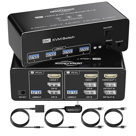 DEMEXBOOK HDMI DisplayPort KVM Switch 3 Monitors 2 Computers 8K@60Hz, Triple by DemexBook