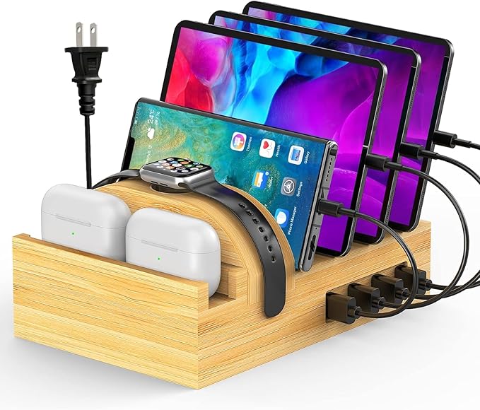 Bamboo Charging Station for Multiple Devices, Alltripal Wood Desktop Docking by Alltripal
