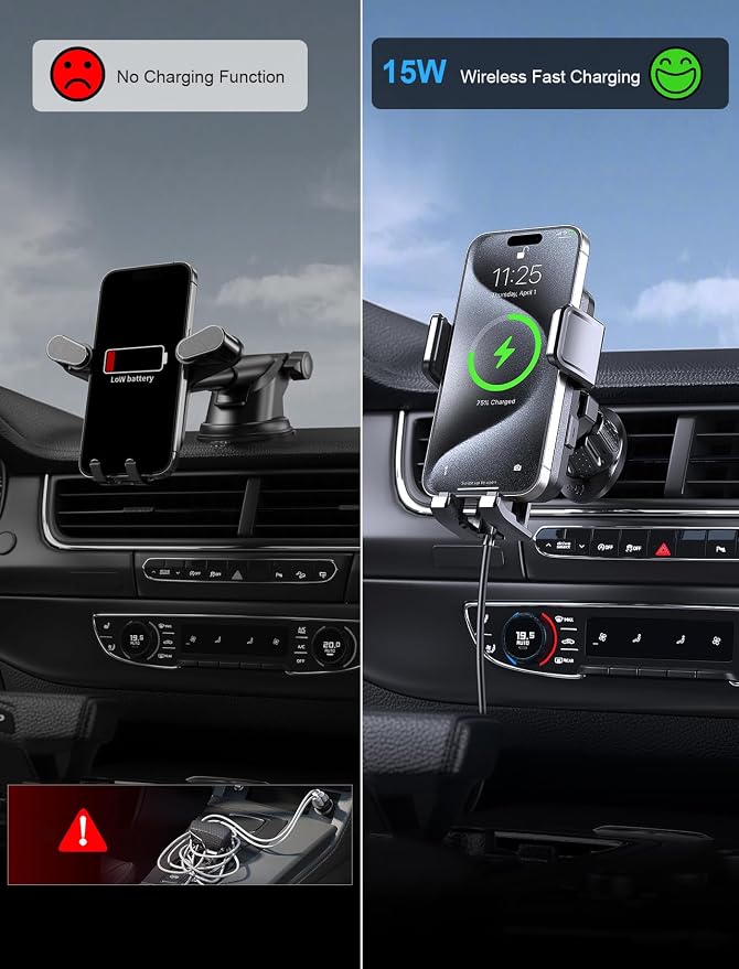 Wireless Car Charger, MOKPR 15W Fast Charging Auto Clamping Air Vent Car Phone - Image 3