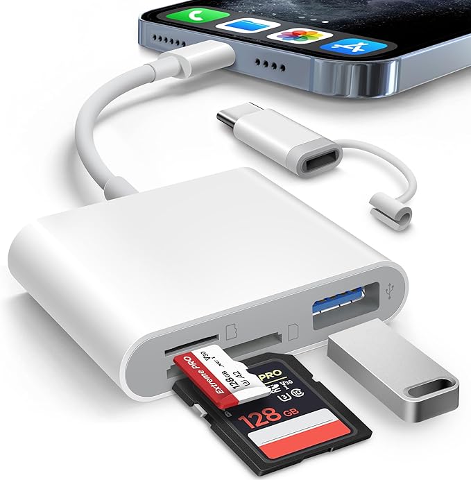SD Card Reader for iPhone iPad Built-in Lightening & USB-C Dual Connectors Card by AkHolz
