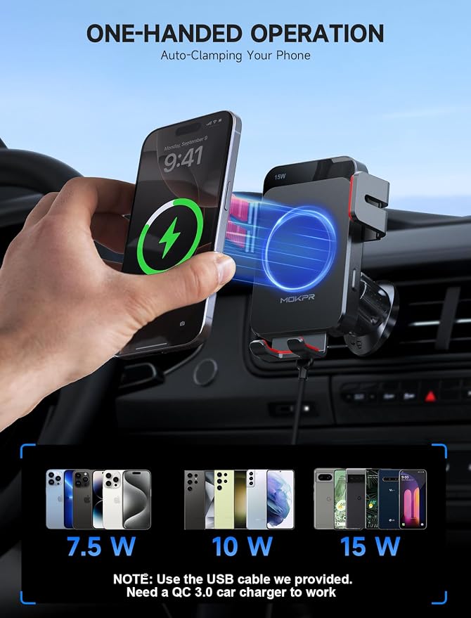 MOKPR Wireless Car Charger, 15W Auto Clamping Car Charger Dash Windshield Air - Image 7