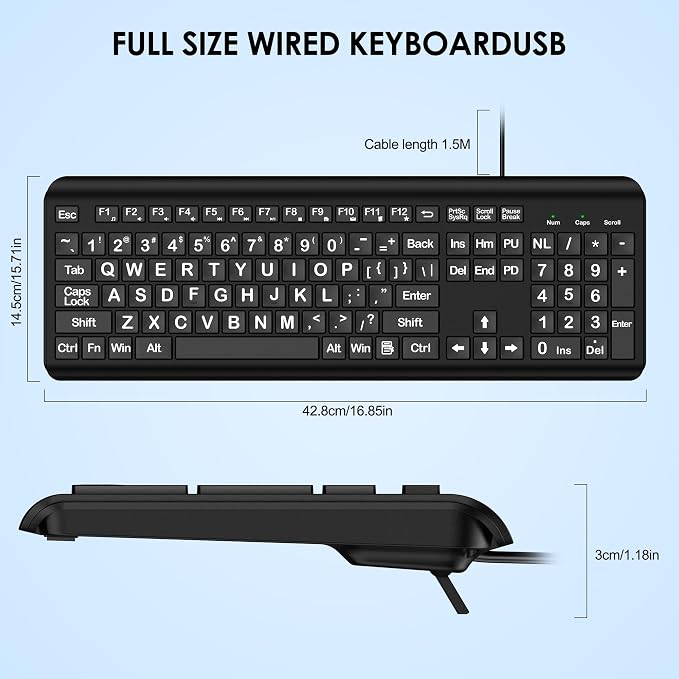 Large Print Computer Keyboard, Wired USB Full Size Quiet Keyboard - Image 8