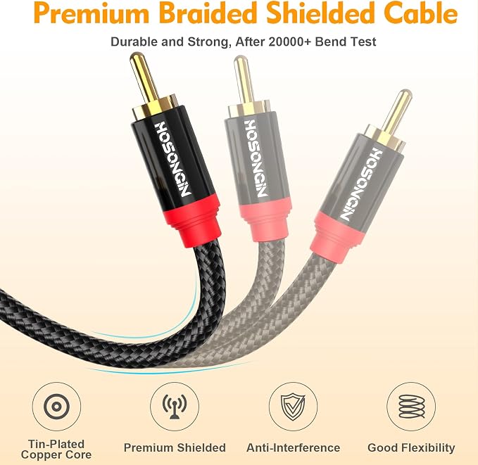 HOSONGIN RCA Cables 20ft 2 Pack, 2-Male to 2-Male RCA Audio Stereo Subwoofer - Image 4
