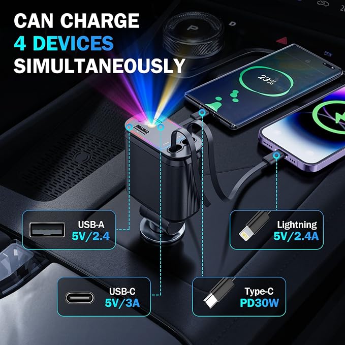 Car Charger with Starlight, 66W USB C Fast Car Chargers Adapter, 4 in 1 - Image 4
