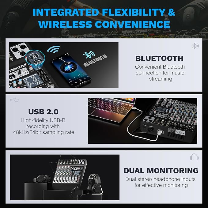 Professional 6-Channel Audio Mixer, Phenyx Pro DJ Sound Mixer Board w/Flexible - Image 5