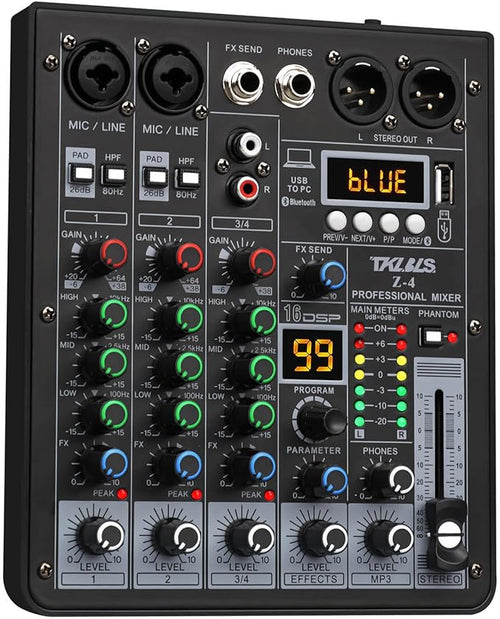 4 Channel Podcast Audio Mixer, Compact Mixing Console by TKLBLS