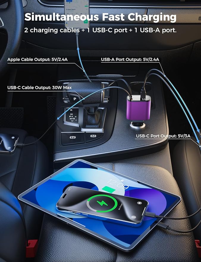 【Upgraded】 SUPERONE Retractable Car Charger 4 in 1, Fast Car Phone Charger - Image 3