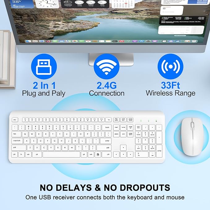 Wireless Keyboard and Mouse Combo, Full-Size Silent Ergonomic Keyboard and - Image 2