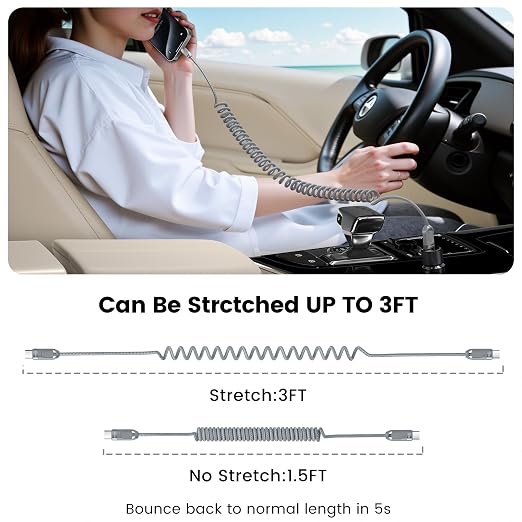 Coiled USB C to USB C Cable 2Pack 3FT Braided Retractable Fast Charging Cable - Image 4