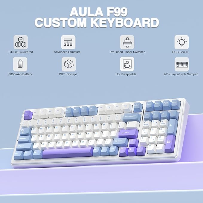 AULA F99 Wireless Mechanical Keyboard, Tri-Mode BT5.0/2.4GHz/USB-C Hot - Image 2