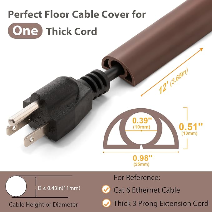 12ft Cord Cover Floor for Extension Cords, Self-Adhesive Floor Cable Cover to - Image 2