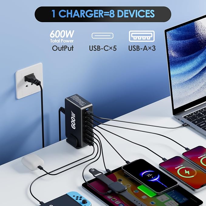 600W USB C Fast Charger Block, 8 Port Charging Station, GaN Ⅲ Multi Port - Image 5