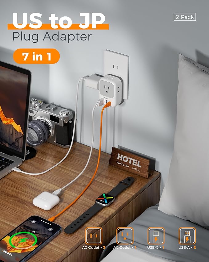 TESSAN 2 Prong to 3 Prong Outlet Adapter 2 Pack, US to Japan Plug Adapter - Image 3