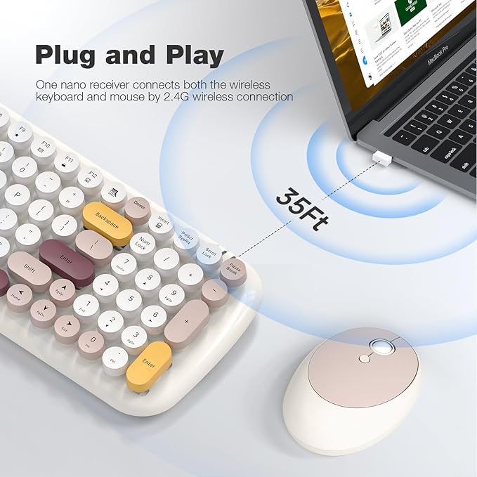 KNOWSQT Wireless Keyboard and Mouse Combo, Light Beige 100 Keys 2.4 GHz Round - Image 2
