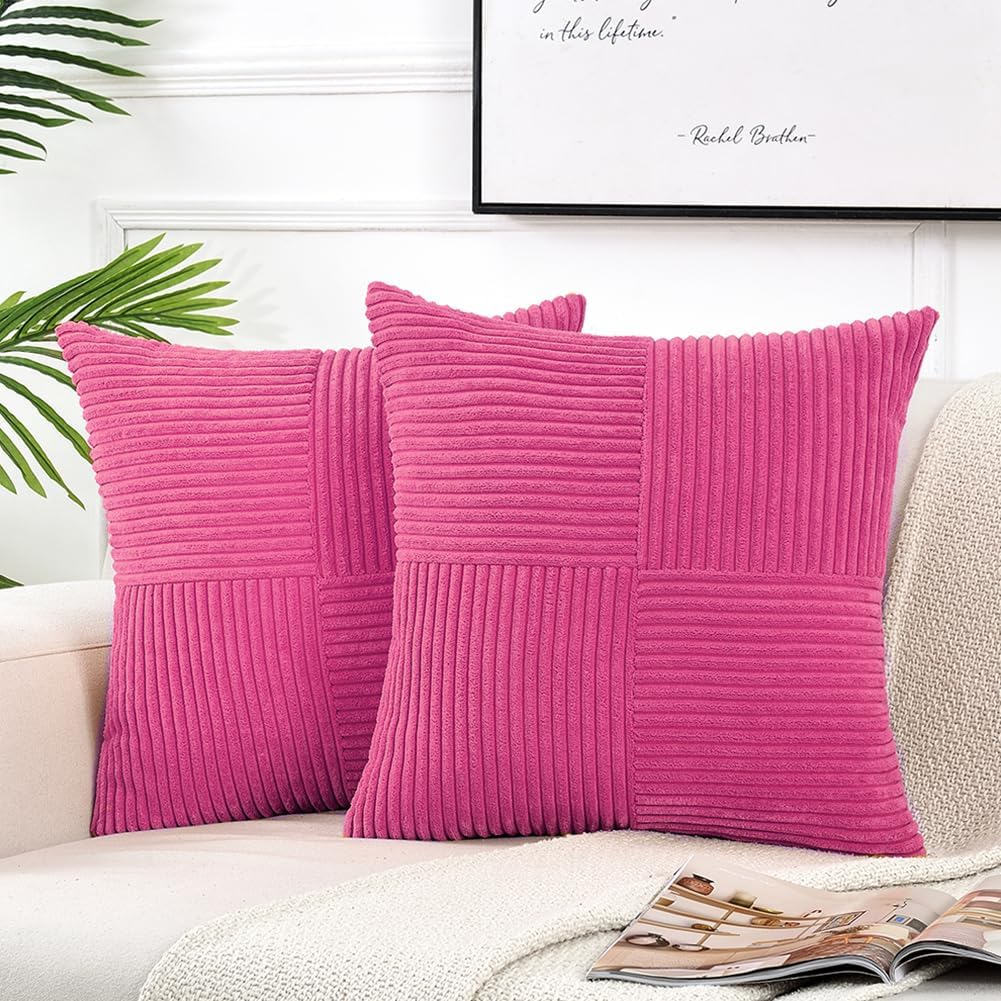 Fancy Homi 2 Packs Hot Pink Big Decorative Throw Pillow Covers 24x24 Inch for Living Room Couch Bed, Rustic Farmhouse Boho Home Decor, Soft Corss Corduroy Patchwork Accent Square Cushion Case 60x60 cm