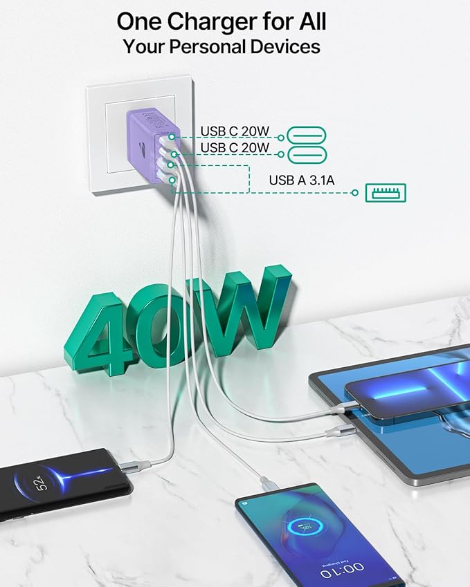 USB C Wall Charger Block 2-Pack, Aiminu 40W 4-Port PD Power Delivery Fast Type - Image 3