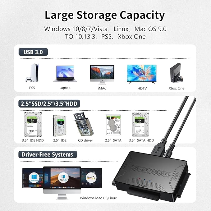 USB 3.0 to SATA IDE Adapter，Hard Drive Reader, IDE Sata to USB External Data - Image 4