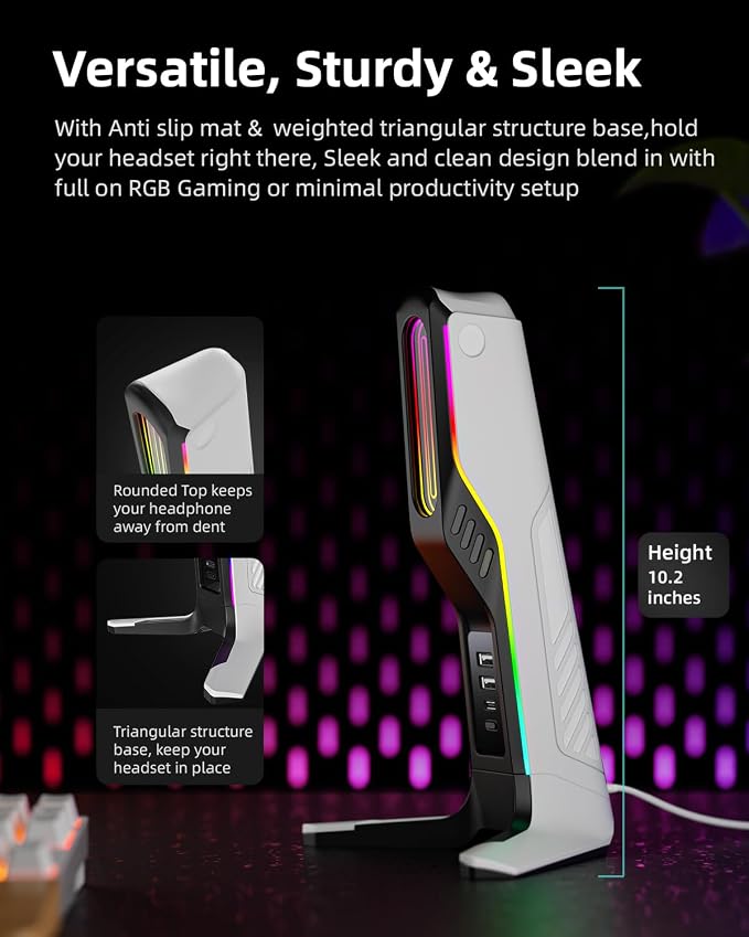 RGB Gaming Headset Stand with 2 USB and 1 Type-C Ports, Game Headphone Mount - Image 5