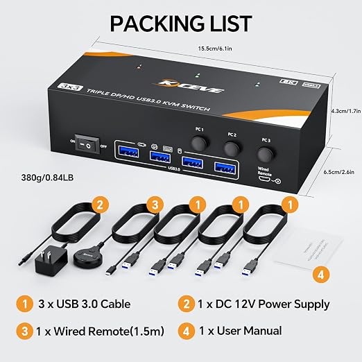 USB 3.0 KVM Switch 3 Monitors 3 Computers Displayport HDMI, Triple Monitor KVM - Image 9