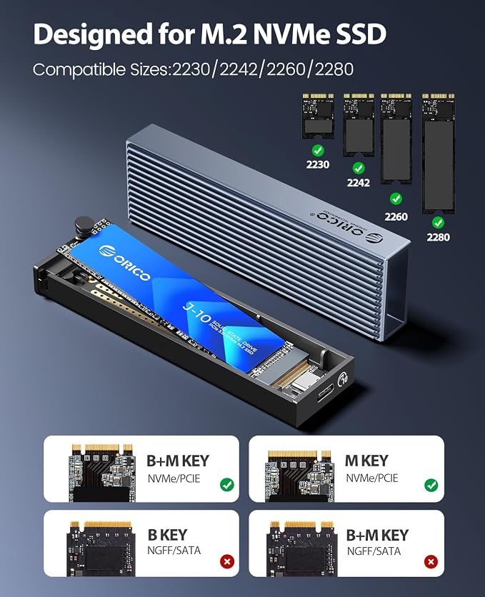 ORICO M.2 NVMe SSD Enclosure Aluminum Tool-Free Adapter, 10Gbps USB3.2 USB-C M2 - Image 6