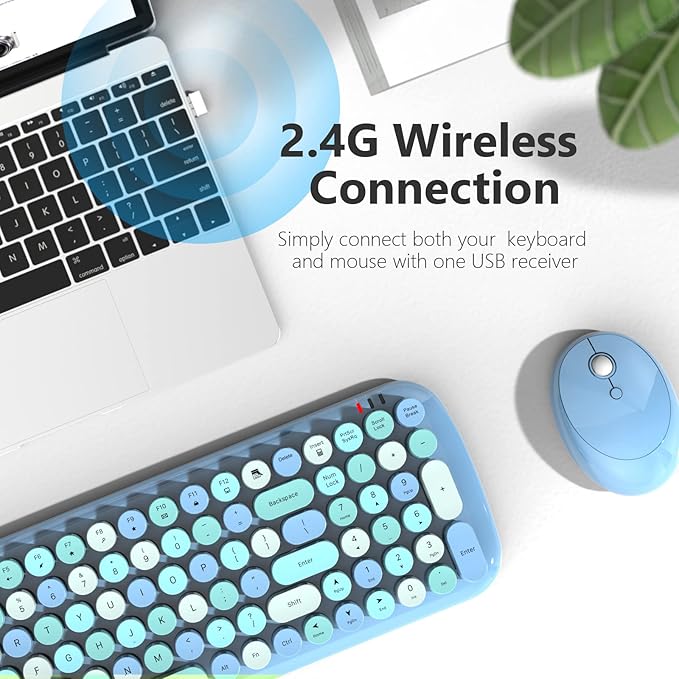 KNOWSQT Wireless Keyboard and Mouse Combo, Light Blue 100 Keys 2.4 GHz Round - Image 3
