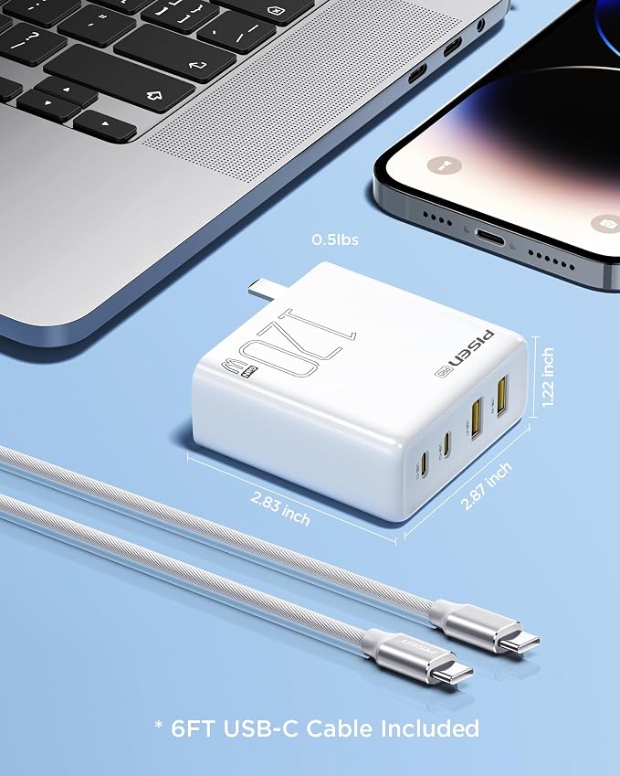 PISEN 120W USB C Charger - 120W 4-Port GaN USB C Charger Block Fast Charging - Image 7