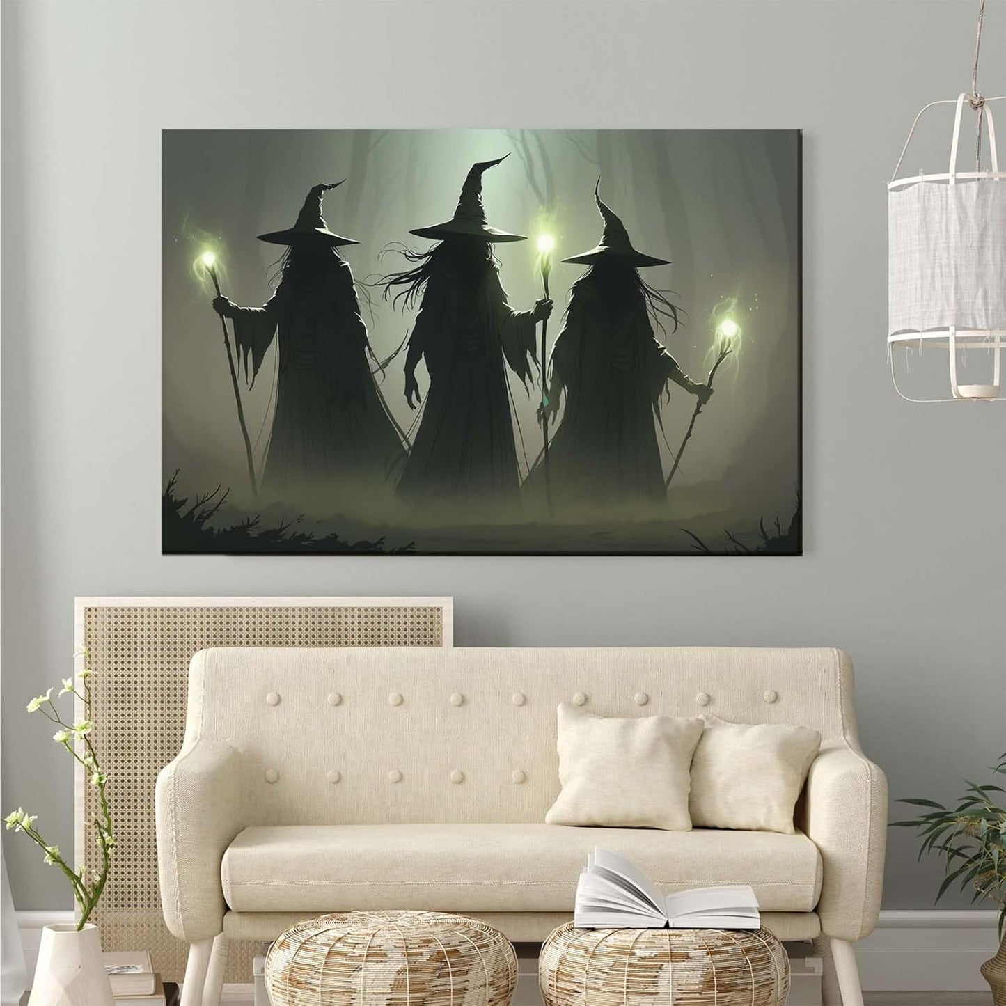 JFHCQJPK Vintage 3 witches canvas wall decor melancholy dark Halloween poster wall decor holding a staff print Gothic horror Halloween painting print for living room bedroom32x48in Frameless