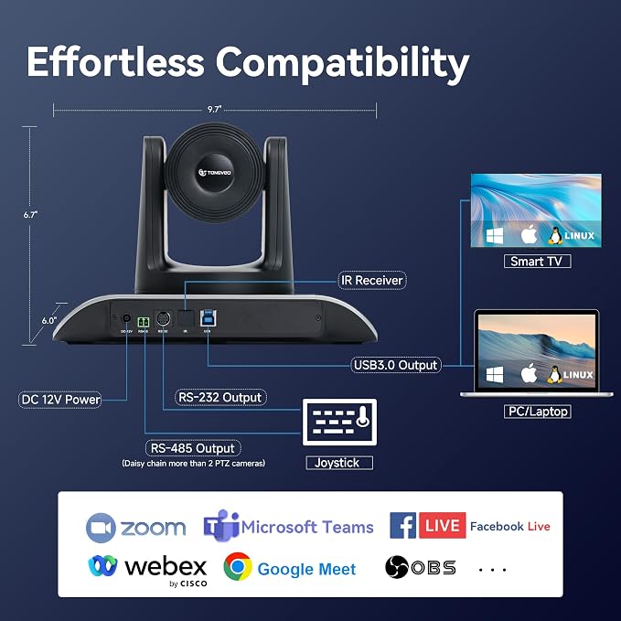 TONGVEO 4K PTZ Camera with AI-Powered Auto-Tracking 5X Digital Zoom USB 3.0 - Image 7