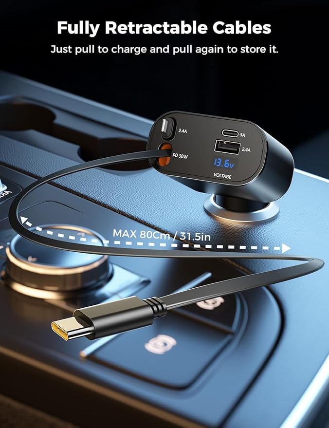 【Upgraded】 SUPERONE Retractable Car Charger 4 in 1, Fast Car Phone Charger - Image 2