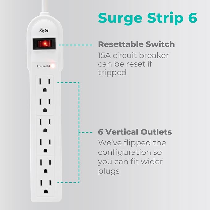 KMC 6-Outlet Surge Protector Power Strip 2-Pack, Overload Protection, 4-Foot - Image 2