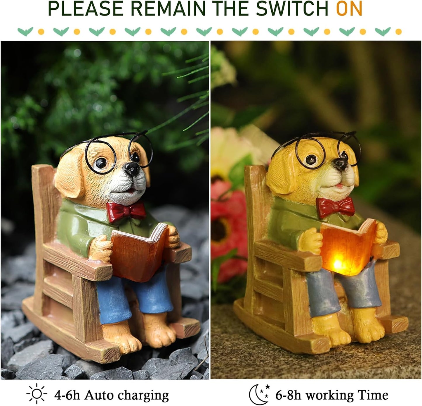 Solar Garden Decor Statues Dog Figurines Mini Fairy Garden Accessories Outdoor Lights,Garden Art Patio Porch Balcony Yard Home Lawn Ornaments,Mothers Day Birthdays Gifts for Mom Grandma