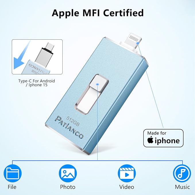Patianco Apple MFi Certified 512GB iPhone/iPad USB Flash Drive, Lightning - Image 2