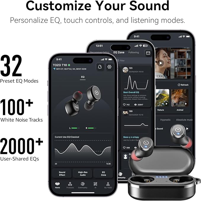 TOZO T10 Wireless Earbuds Bluetooth 5.3 Headphones, App Customize EQ, Ergonomic - Image 6